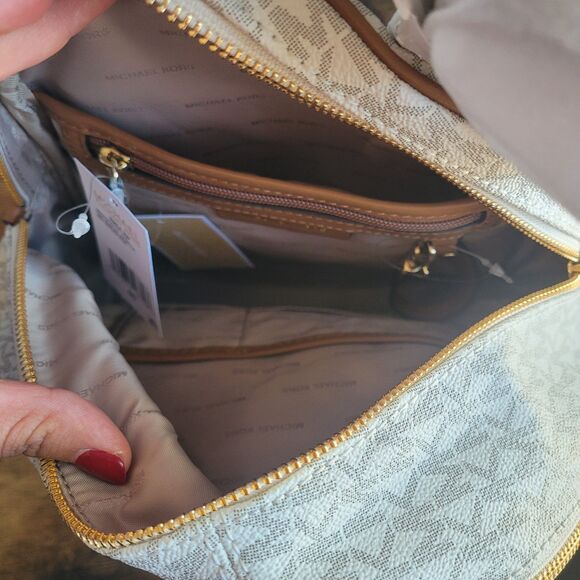 NEW Michael Kors Rhea Zip Slim Medium Backpack Vanilla Ivory Monogram Logo NWT - Picture 3 of 8